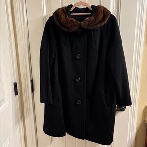 Vintage Youthcraft Mid Century Black Wool Dress Coat Brown Fur Collar M Glam